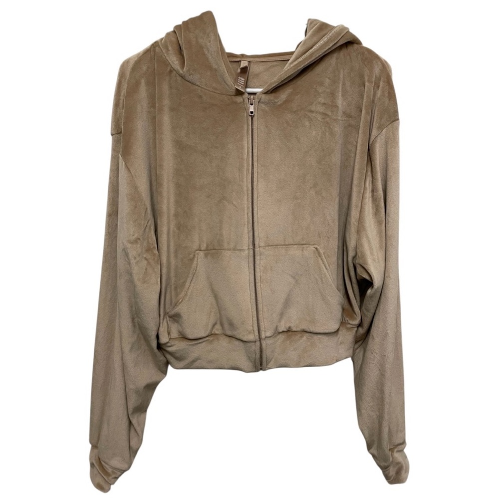 Skims velour cropped zip up hoodie tan